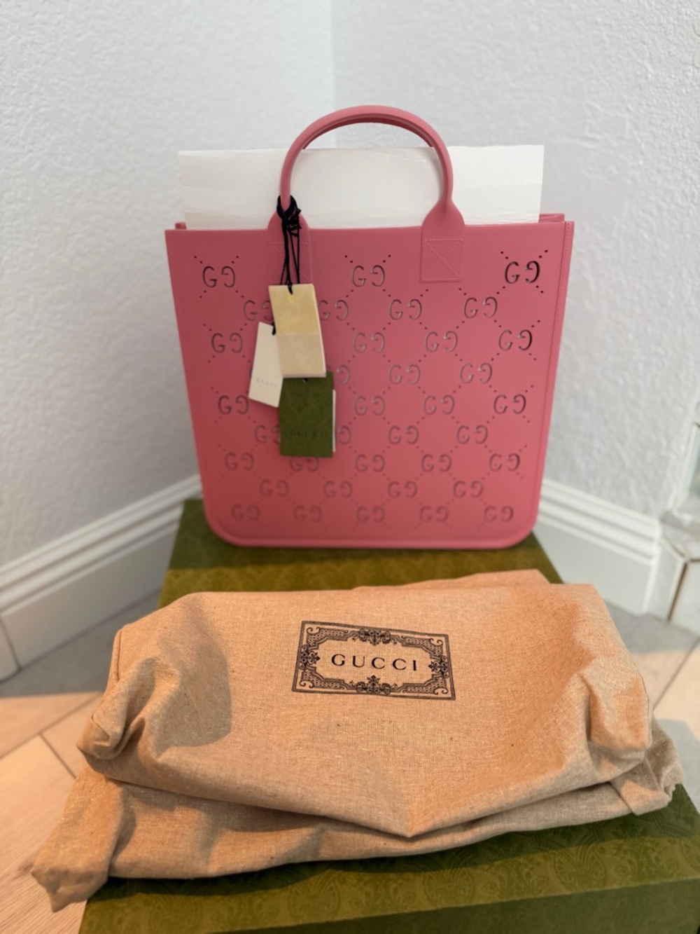 Gucci Pink Perforated GG Leather Tote with Top Handles